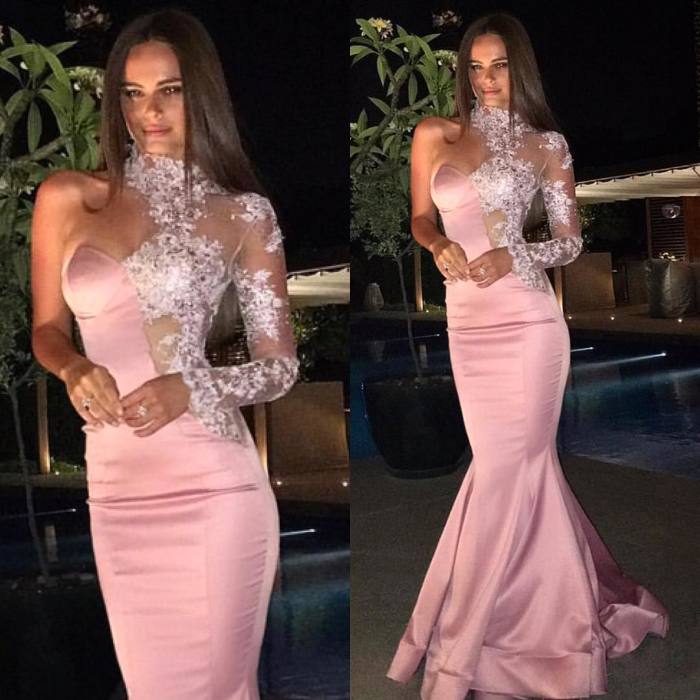 Pink Glamorous One Shoulder Prom Dress with Long Sleeves