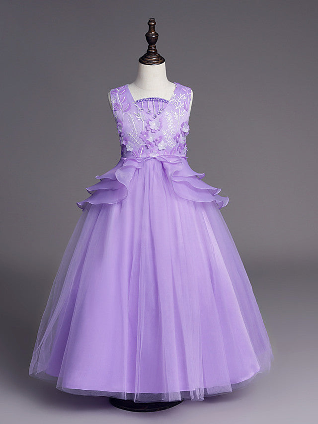 Princess Sleeveless Jewel Long Length Flower Girl Dress with Belt Beadings Embroidery