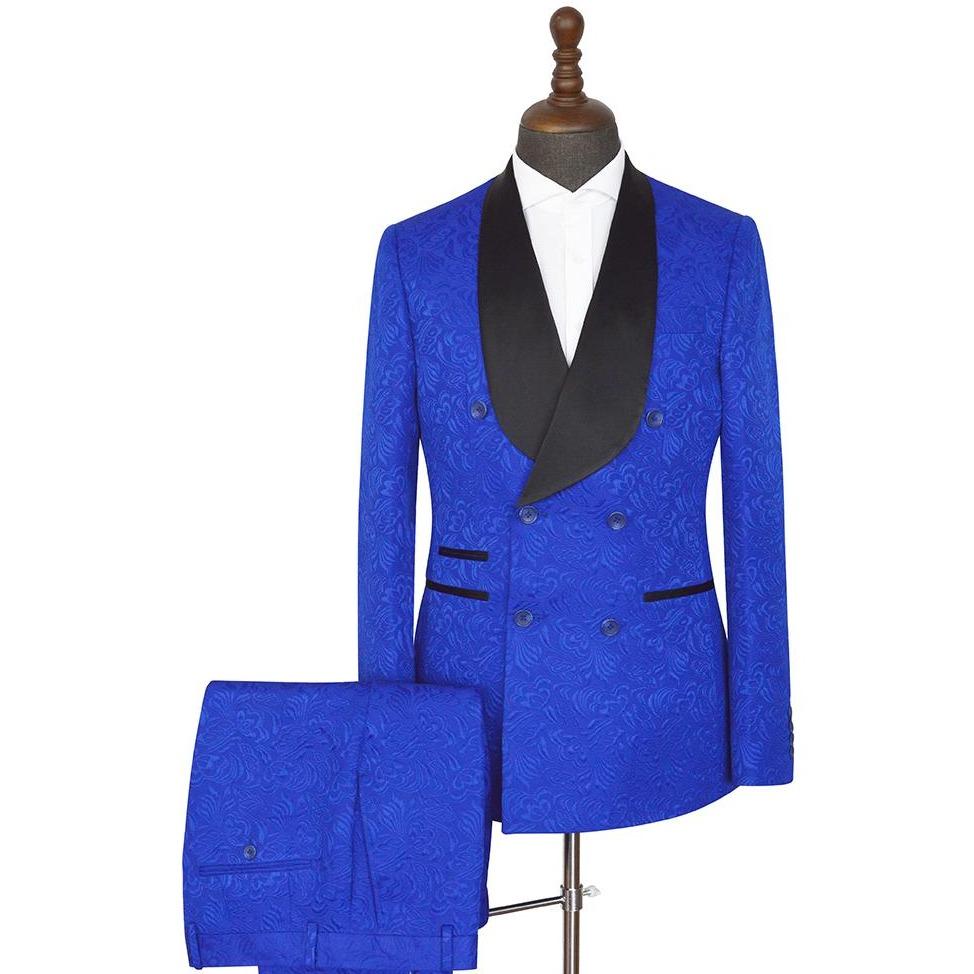 Royal Blue Shawl Lapel Easy Fit Double Breasted Jacquard Wedding Suits