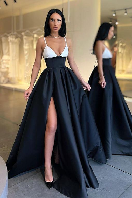 Stunning Black and White Spaghetti-Straps Prom Dress