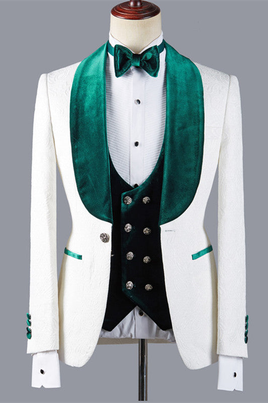 Jeffery White Wedding Suit with Green Lapel - Fashion Jacquard Three Pieces