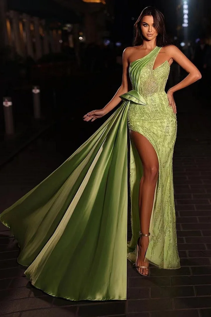 One Shoulder Beaded Ruffle Mermaid Evening Dress in Green