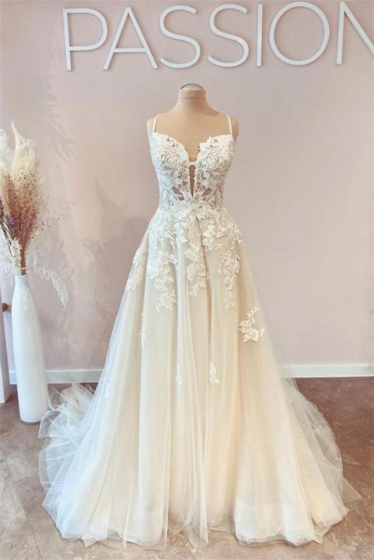 Stunning Spaghetti-Strap Tulle A Line Lace Wedding Dress