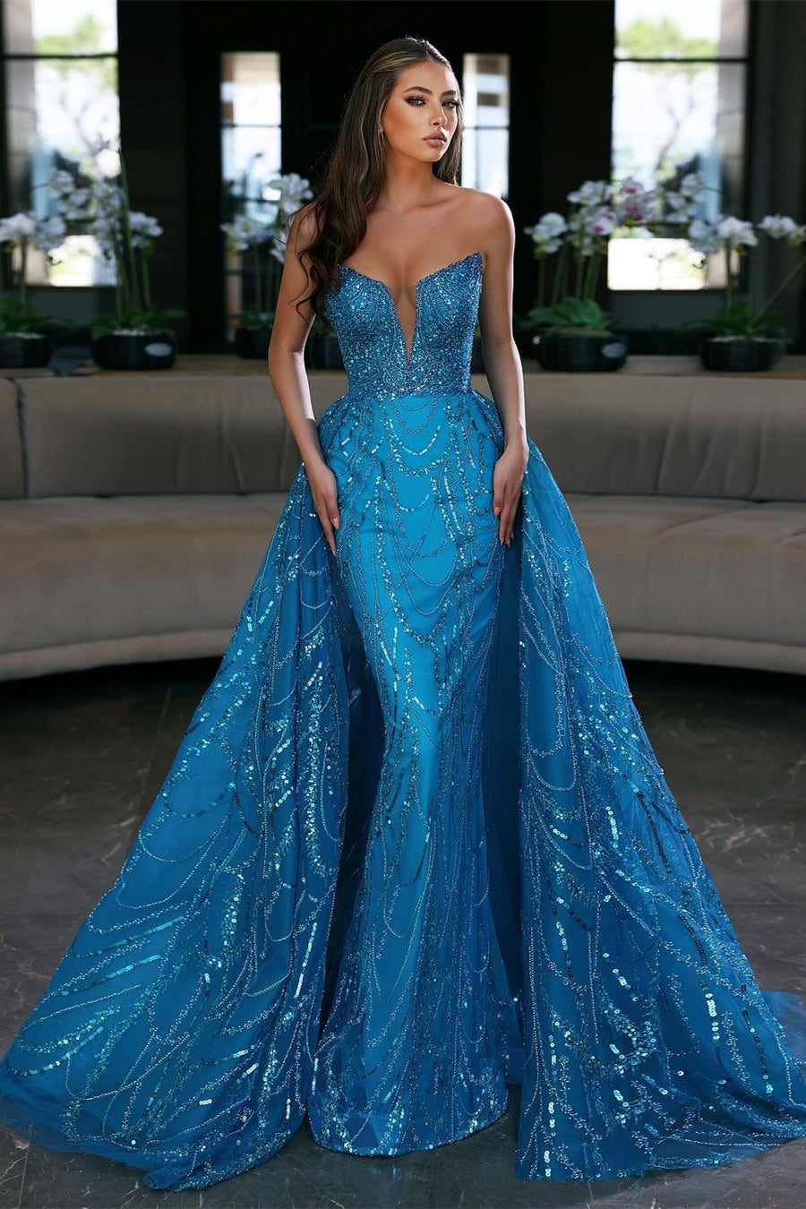 Blue Mermaid Sleeveless Prom Dress with Tulle Ruffles and Appliques