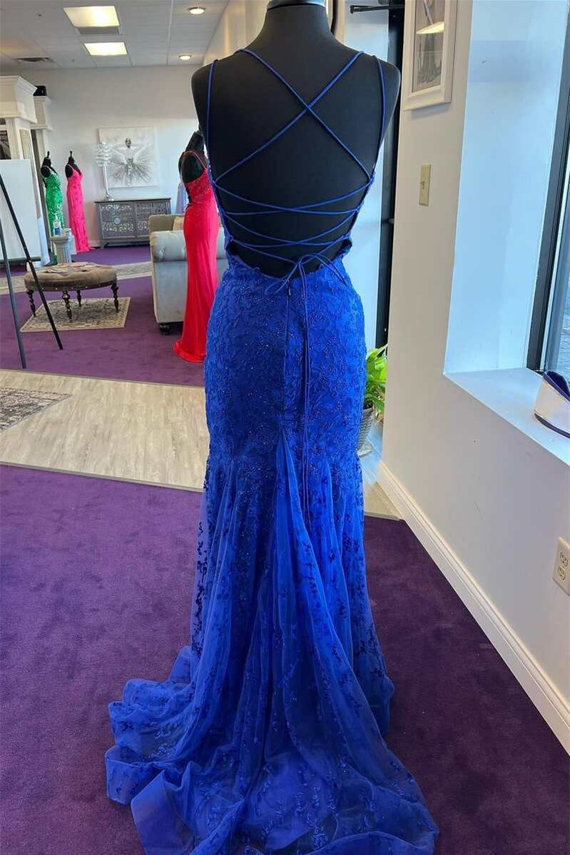 Royal Blue Mermaid Evening Dress With Appliques and Spaghetti-Straps Tulle