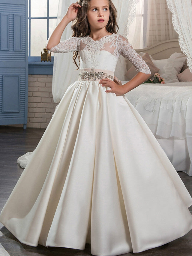 Lace Satin Half Sleeve V Neck Ball Gown Flower Girl Dress With Beading Appliques Crystals & Rhinestones