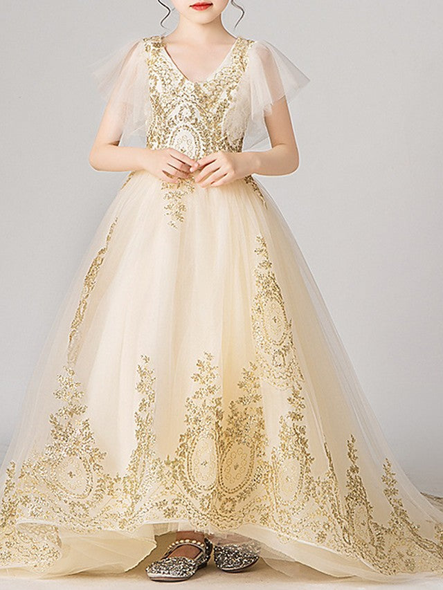 Short Sleeve V Neck Ball Gown with Appliques for Flower Girl Dress