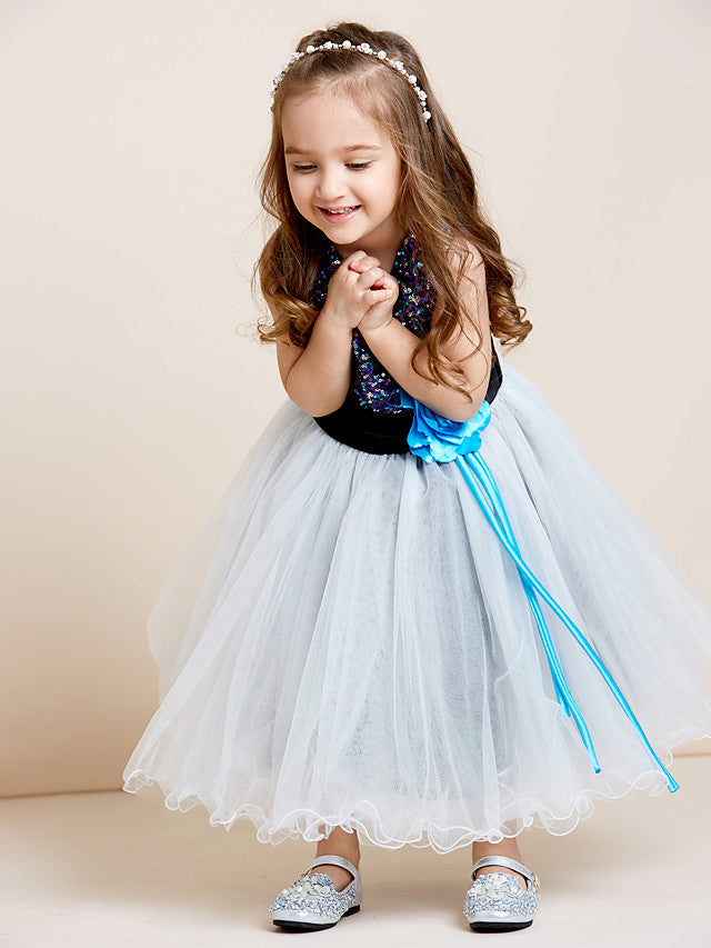 A-Line Tea Length Tulle & Sequined Sleeveless Jewel Neck Dress with Sash Ribbon Sequin Draping and Mini Me