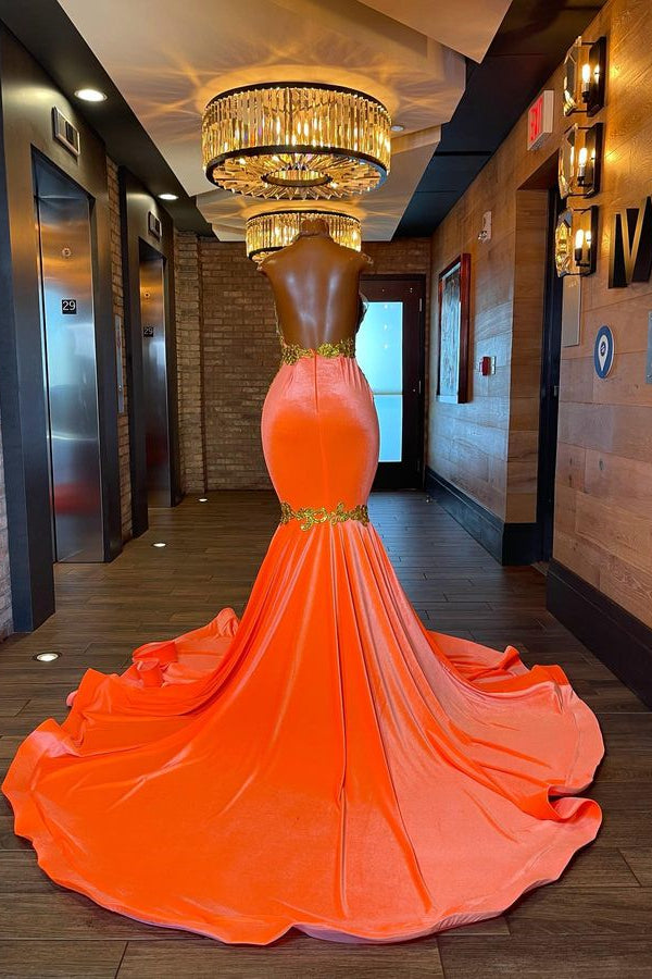 Sleeveless Orange Mermaid Elegant Prom Dress With Appliques and Beads