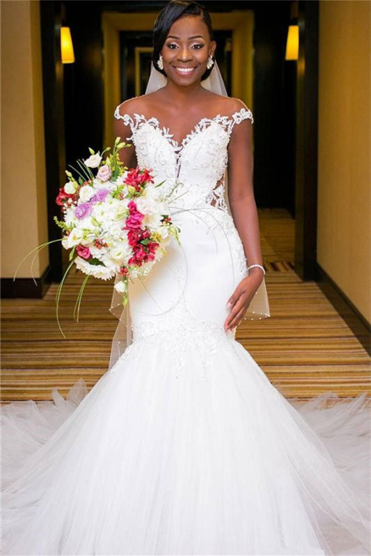 Stunning Mermaid Long Wedding Dress with Cap Sleeves and Lace Appliques