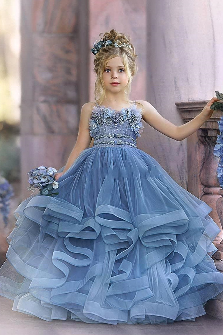 Dusty Blue Flower Girl Dresses with Spaghetti Straps & Lace Appliques