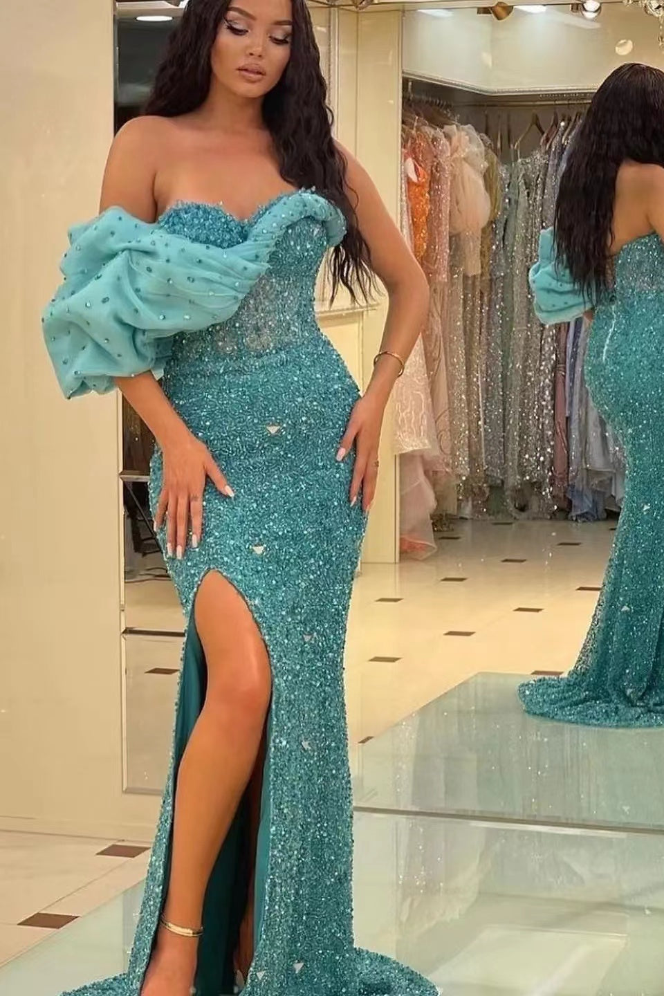 Amazing Sweetheart Mermaid Dress with Sequins & Off-The-Shoulder Split