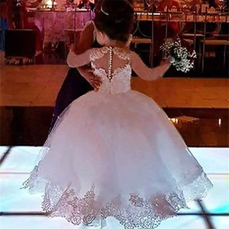 Cute Long Sleeve Ball Gown Flower Girl Dress with Lace Appliques