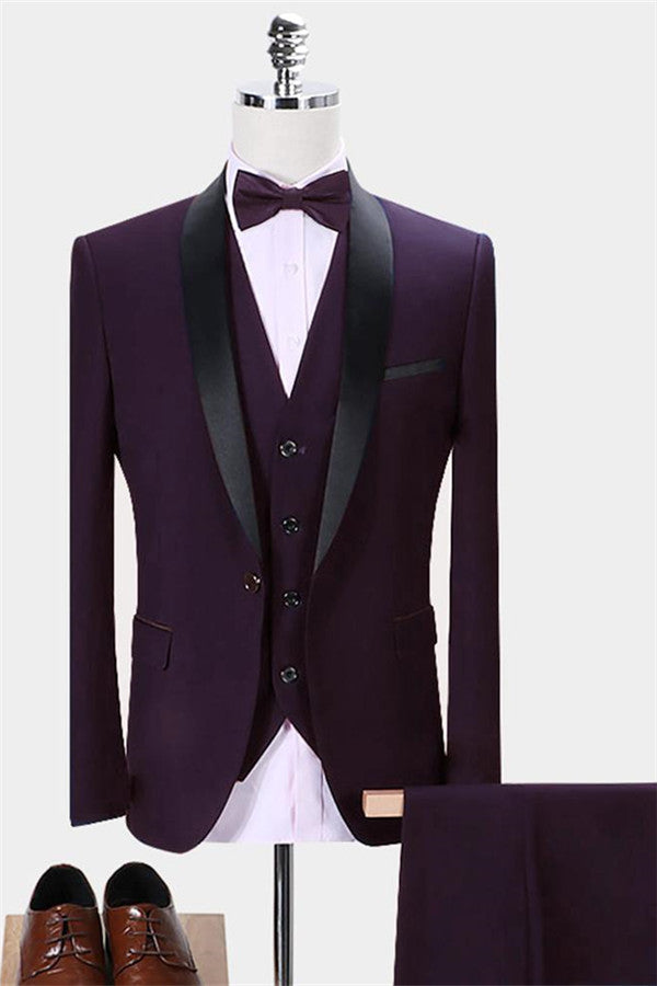 Easy Fit Tailcoat Three Piece Set in Stylish Dark Purple Shawl Lapel