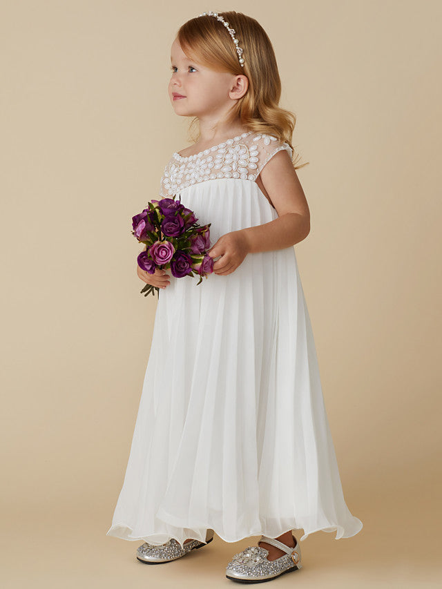 Short Sleeve Jewel Neck Flower Girl Dresses with Chiffon Beading and Draping