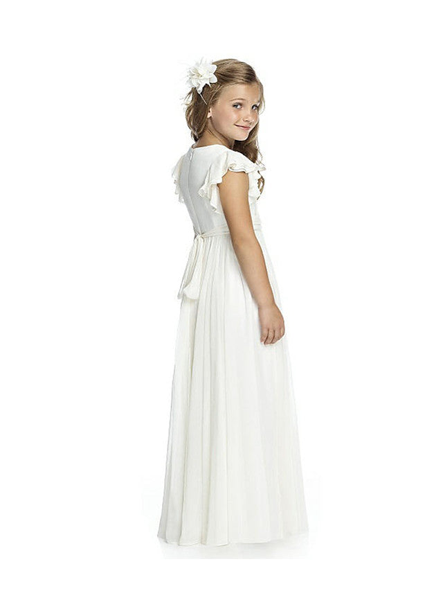 Floor-length Jewel Flower Girl Dresses with Ruffles and Short Sleeves