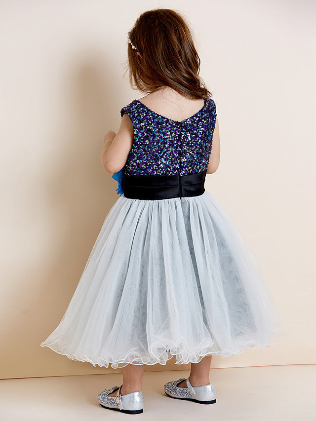 A-Line Tea Length Tulle & Sequined Sleeveless Jewel Neck Dress with Sash Ribbon Sequin Draping and Mini Me