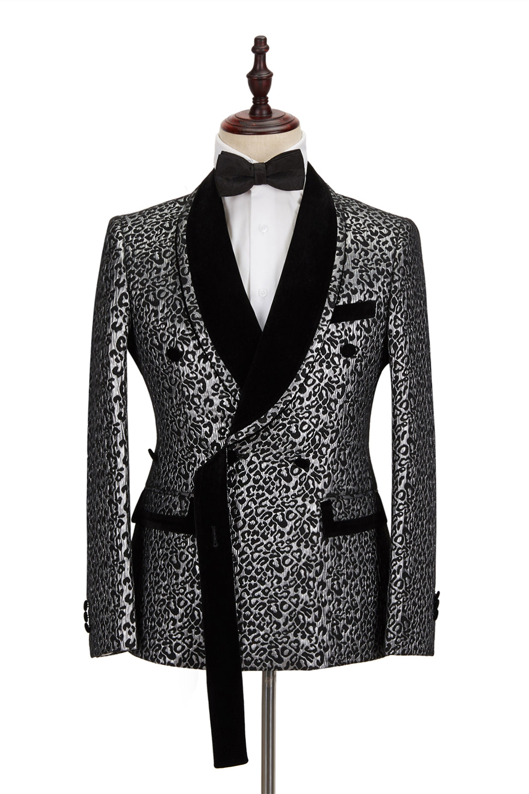 Black Stitching Silver Leopard Jacquard Men's Suit | Formal Shawl Lapel Double Breasted Wedding Suit with Shirt