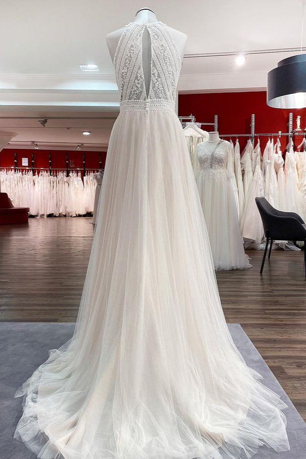 Modest Long A-line Halter Backless Wedding Dress With Tulle Lace