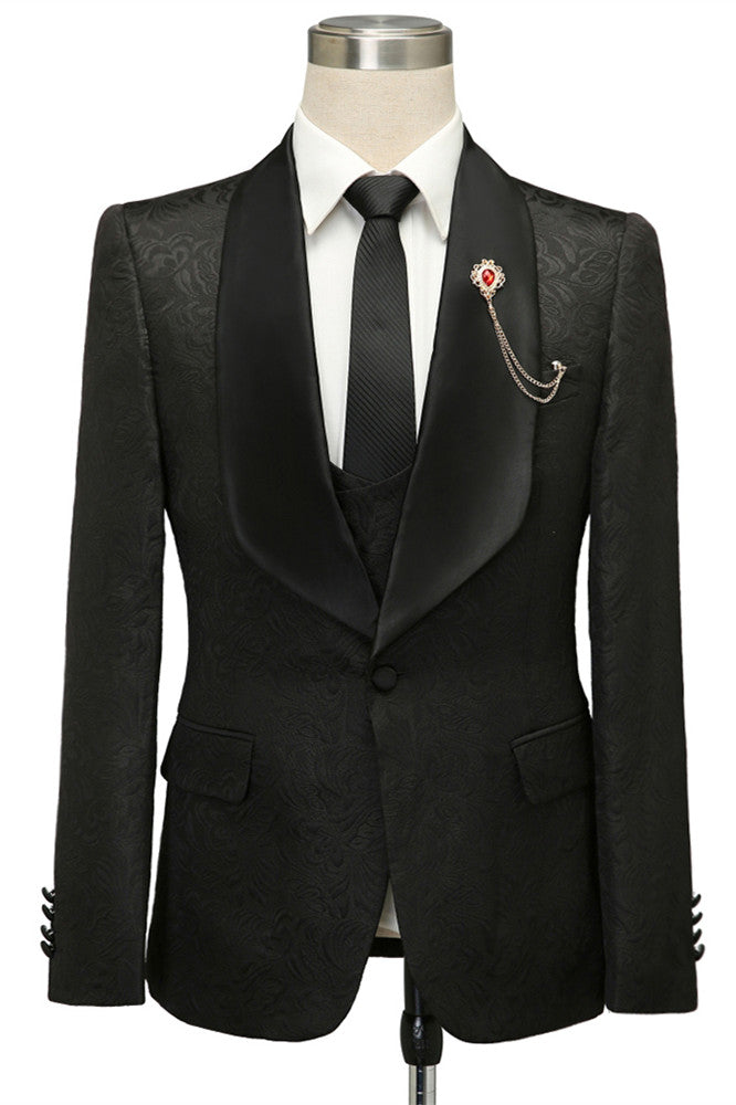 Classic Black Jacquard Shawl Lapel Wedding Suit For Men