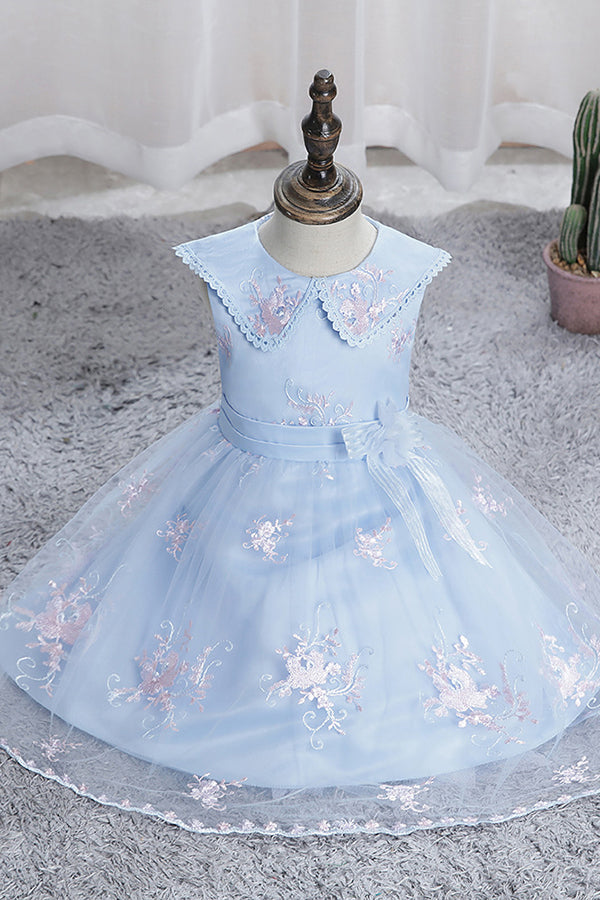 Dazzling Blue Appliques Tulle Knee Length Flower Girl Dress