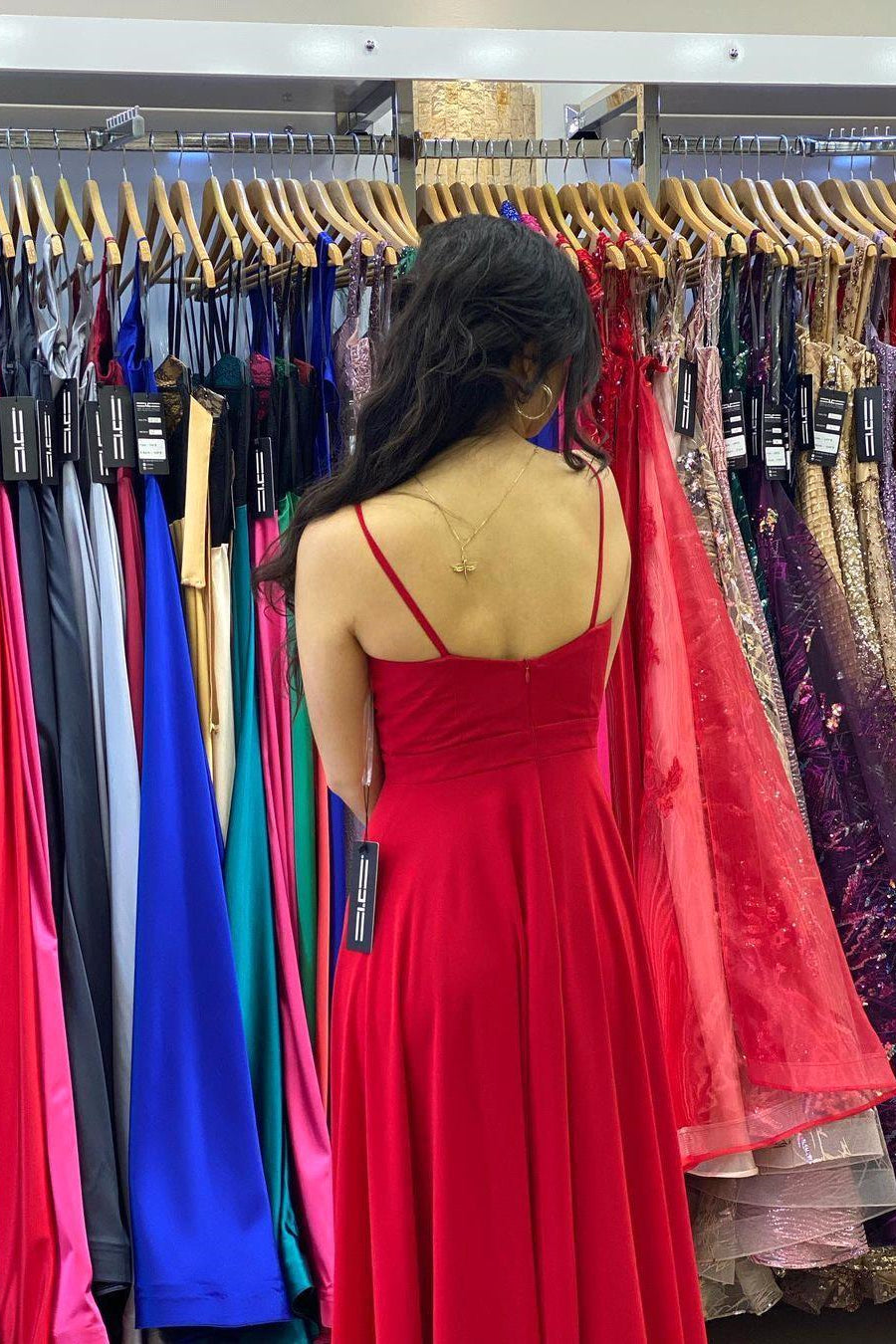 Long Red Prom Dress with Slit and Spaghetti-Straps