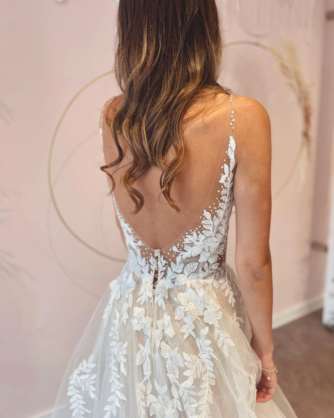 A-Line Deep V-neck Backless Wedding Dress with Appliques Lace Tulle