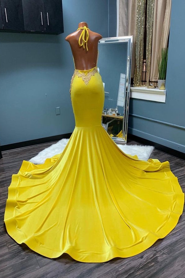 Classic Yellow Halter Mermaid Prom Dress with Appliques