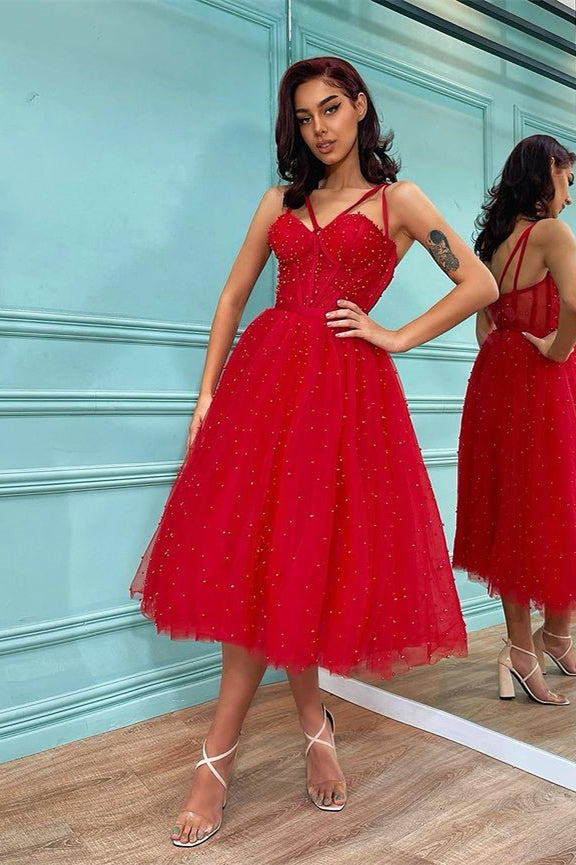 Red Tulle Prom Dress with Spaghetti-Straps and Pearls On Sale