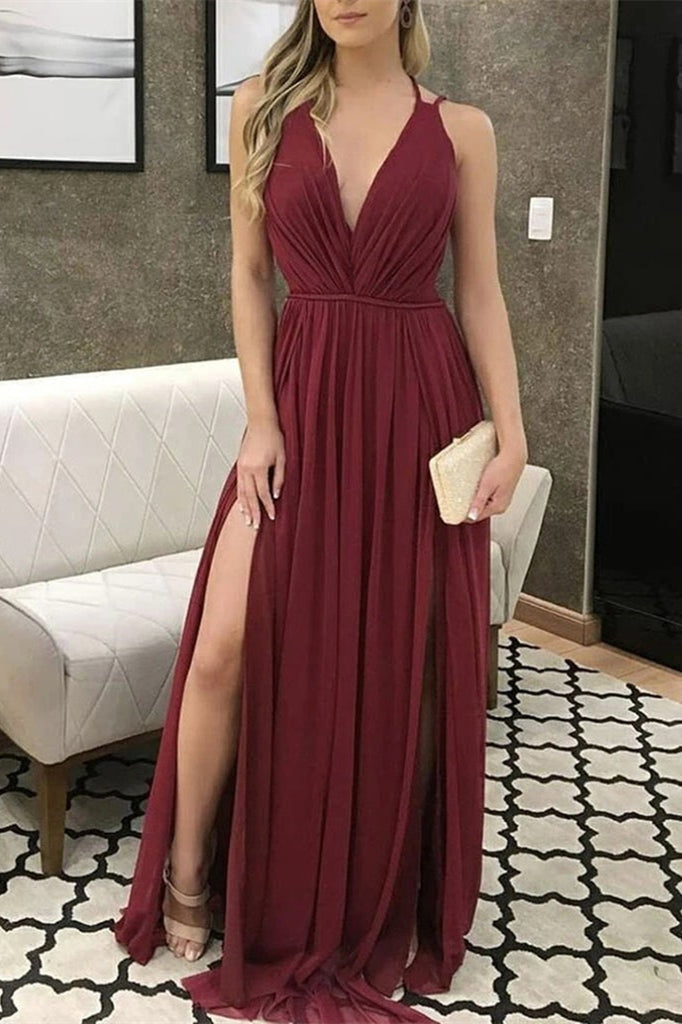 V-Neck Burgundy Prom Dress with Slit - Chiffon