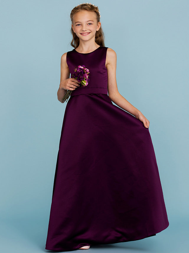 A-Line Jewel Neck Floor Length Satin Junior Flower Girl Dress with Sash for Weddings & Parties