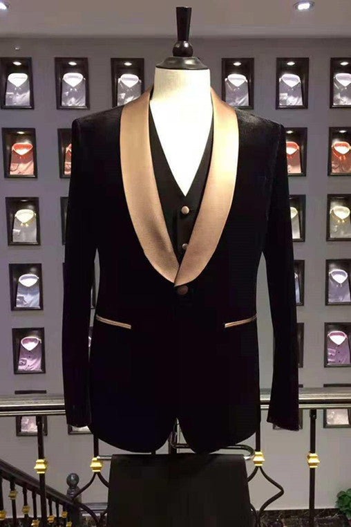 Men's Popular Black Wedding Suit With Champagne Shawl Lapel for the Party