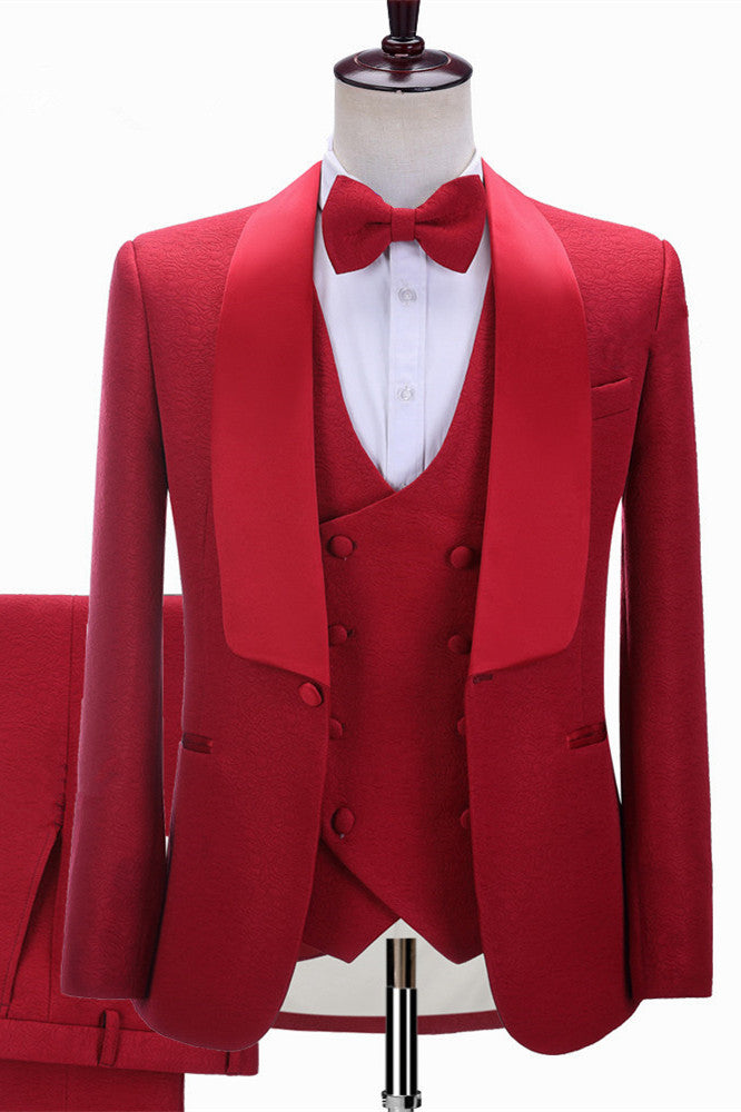 Glamorous Red Three-Piece Wedding Suit For Men - Slim Fit Shawl Lapel