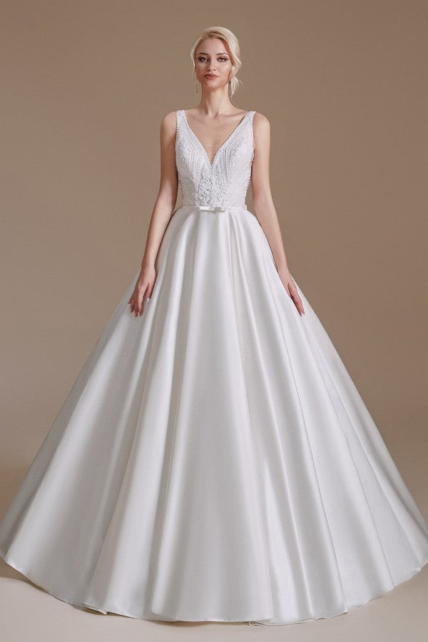 Long A-line V-neck Satin Wedding Dress with Appliques Lace