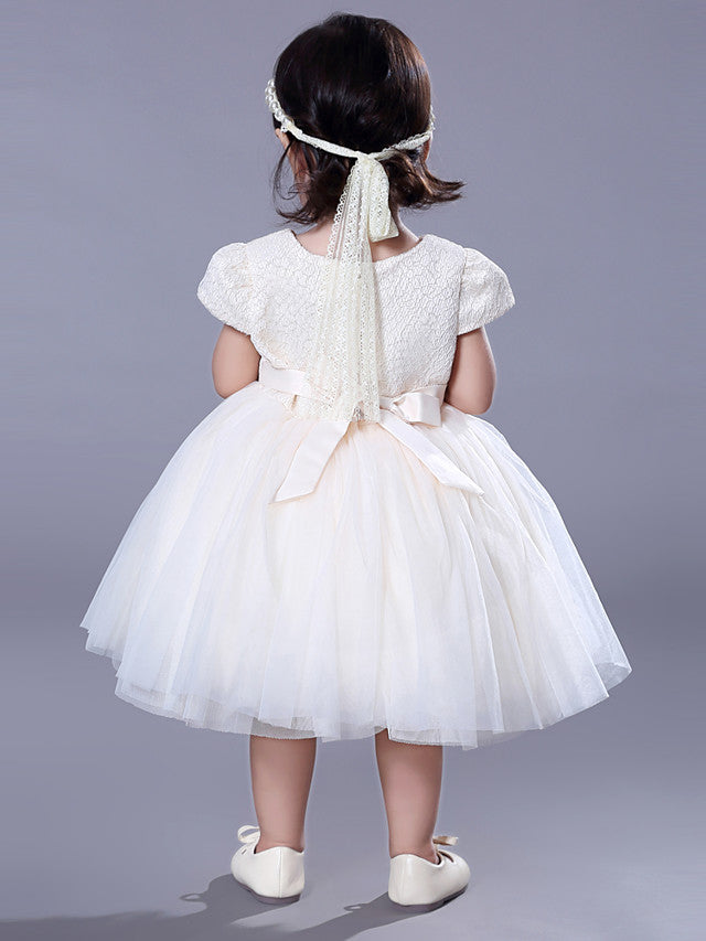 Short Sleeve Beading and Lace Flower Girl Dress with Belt