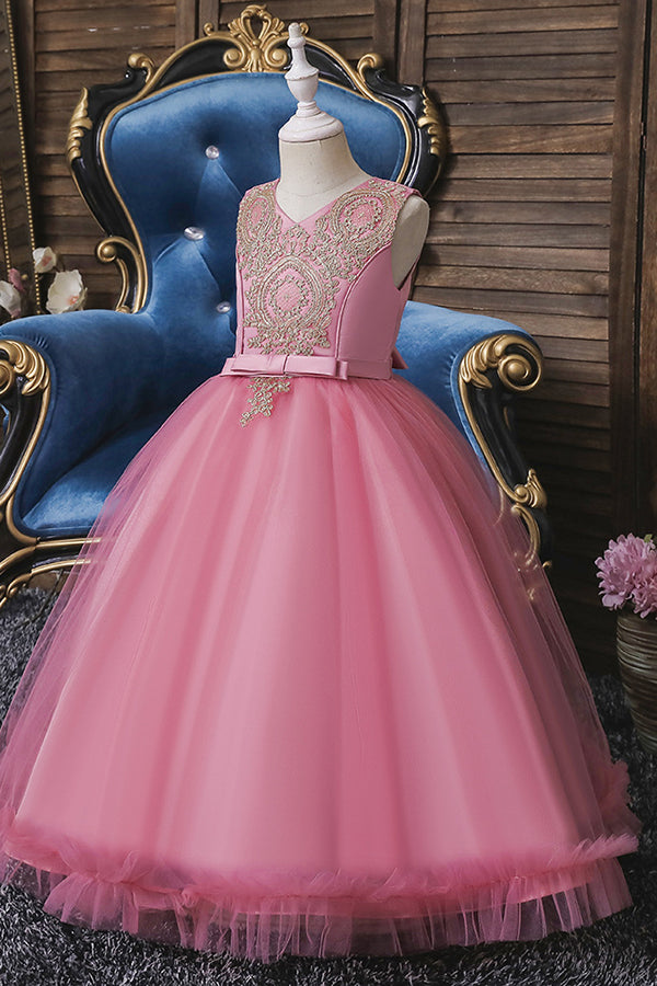 Princess Flower Girl Dress with Appliques - Sleeveless Tea Length