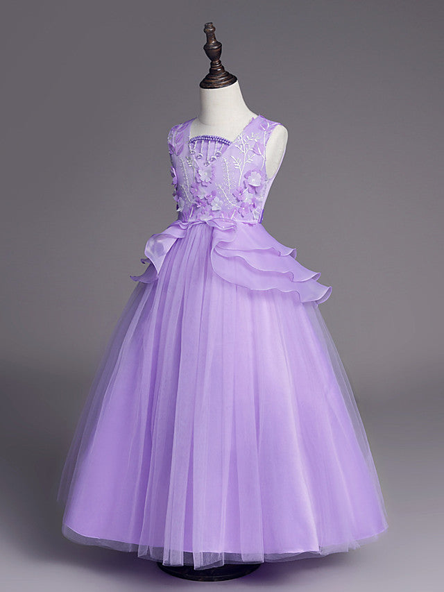 Princess Sleeveless Jewel Long Length Flower Girl Dress with Belt Beadings Embroidery