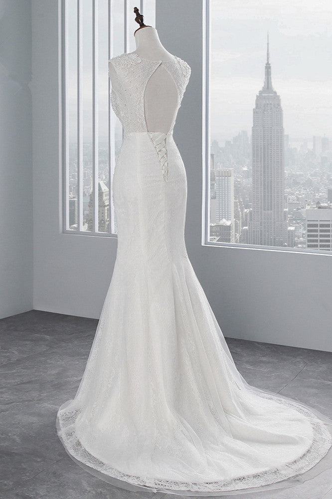 Glamorous Jewel Tulle Long Mermaid Wedding Dress With Appliques Lace