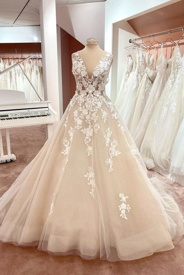 Elegant Dasida Vintage A-Line V-Neck Wedding Dress with Appliques Lace Tulle