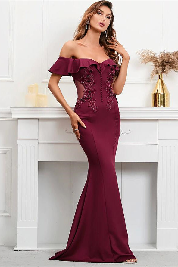 Burgundy Off-The-Shoulder Mermaid Appliques Evening Dress