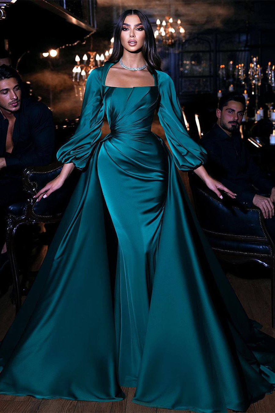 Mermaid Prom Dress with Ruffles and Square Emerald Long Sleeves