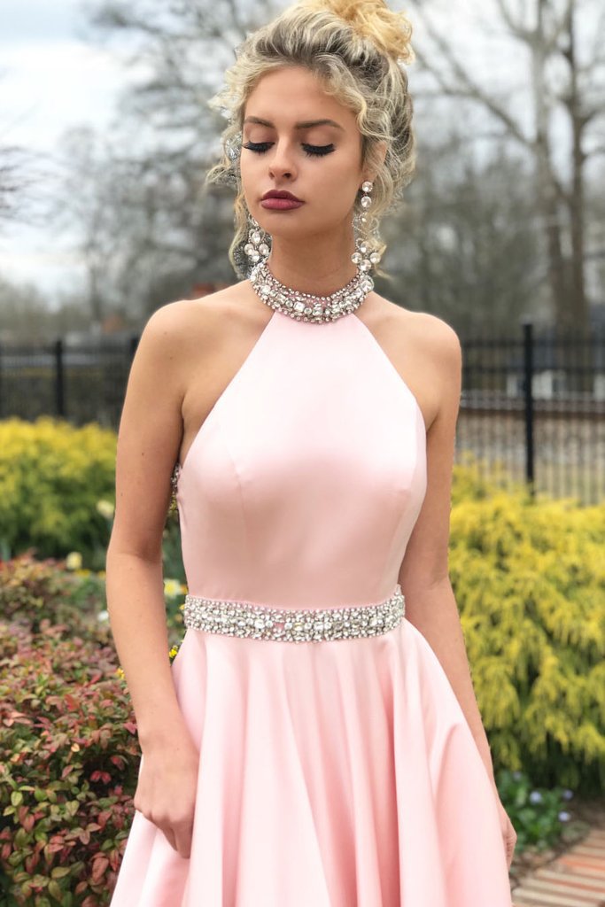 Halter Sleeveless Mermaid Prom Dress in Pink with Beads