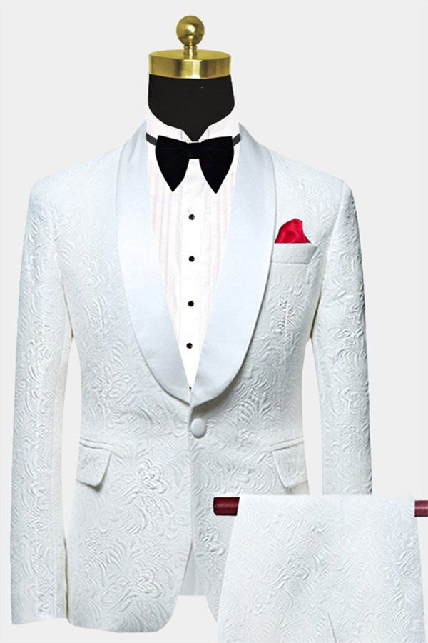 Elegant White Jacquard Groom Suits - Two Piece Shawl Lapel Wedding Men Suits