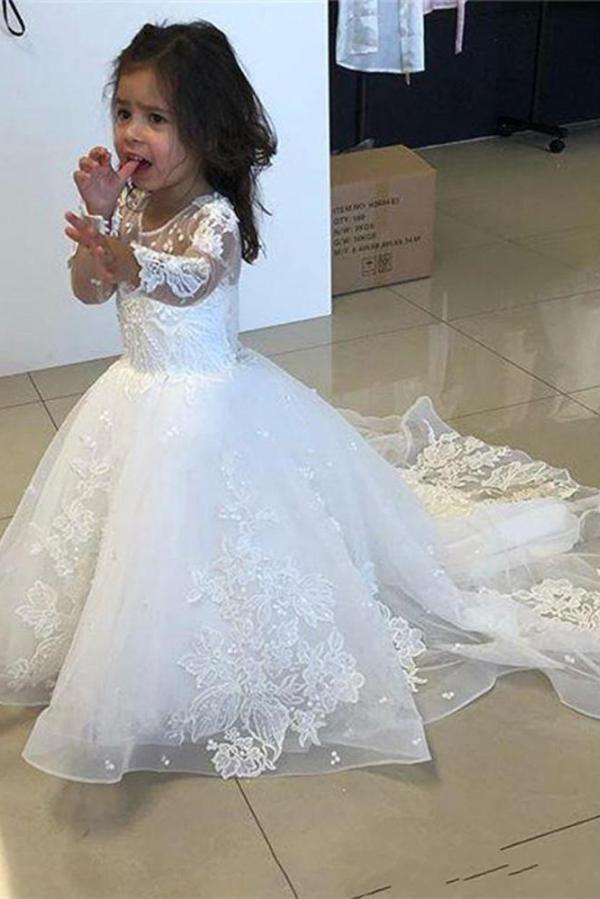 Jewel Long Sleeves A-line Flower Girl Dresses with Tulle Lace Appliques