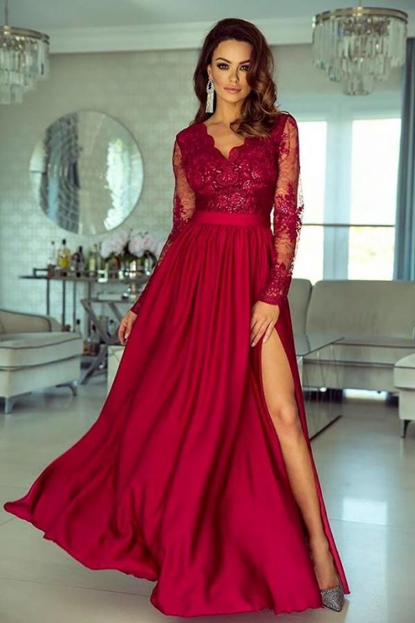 Elegant V-Neck Lace Prom Dress with Slit