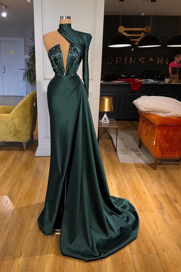 One Shoulder Long Prom Dress ¨C Dark Green with Sequins