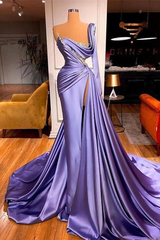 Mermaid One Shoulder Long Sleeves Prom Dress with Slit & Beadings