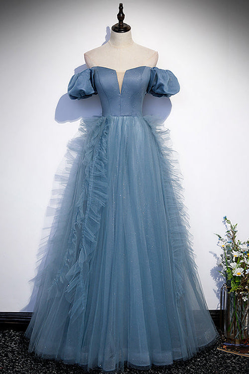 Gorgeous Dusty Blue Off-The-Shoulder Long Prom Dress Tulle With V-Neck