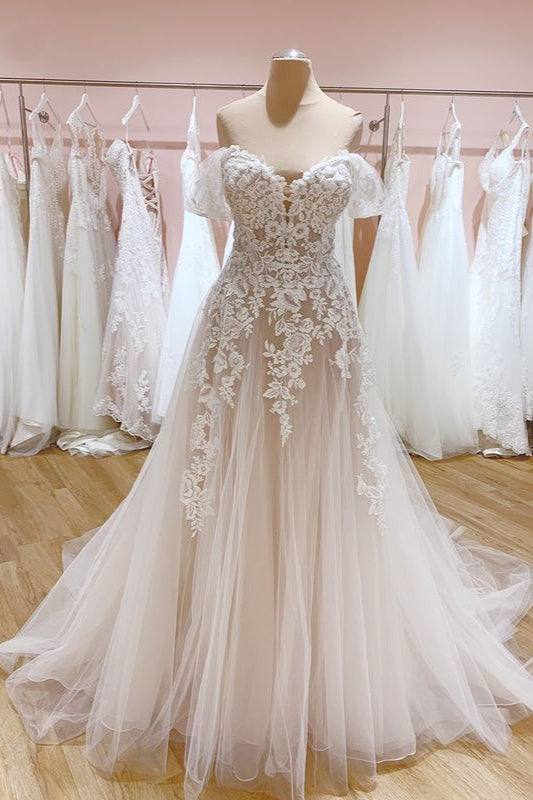 Vintage Off-the-Shoulder A-Line Wedding Dress With Sweetheart Backless Tulle