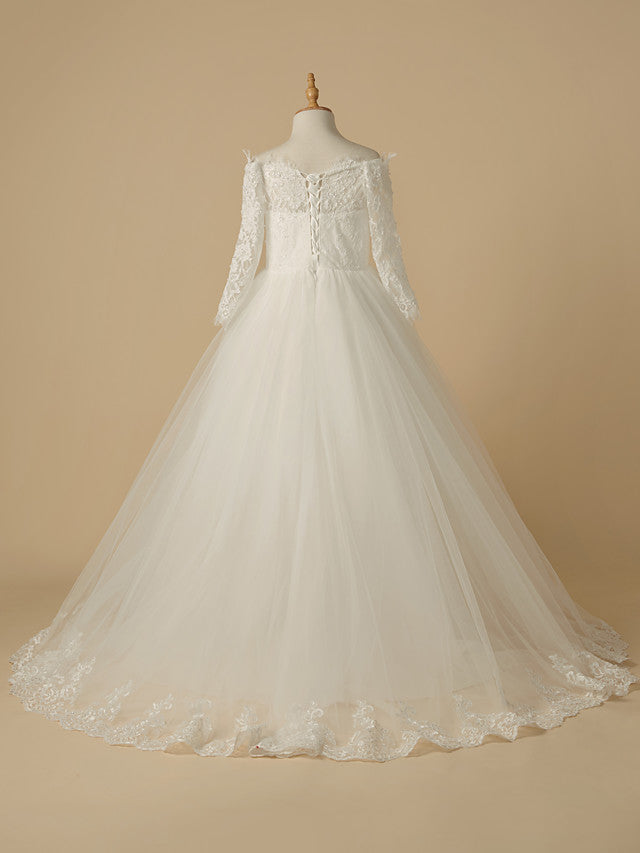 A-Line Half Sleeve Bateau Neck Flower Girl Dress with Beaded Lace Tulle Appliques